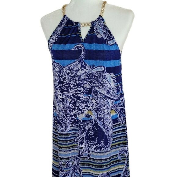 Mlle Gabrielle Blue Stripe Paisley Halter Mini Shift Dress Size Medium - Picture 1 of 7